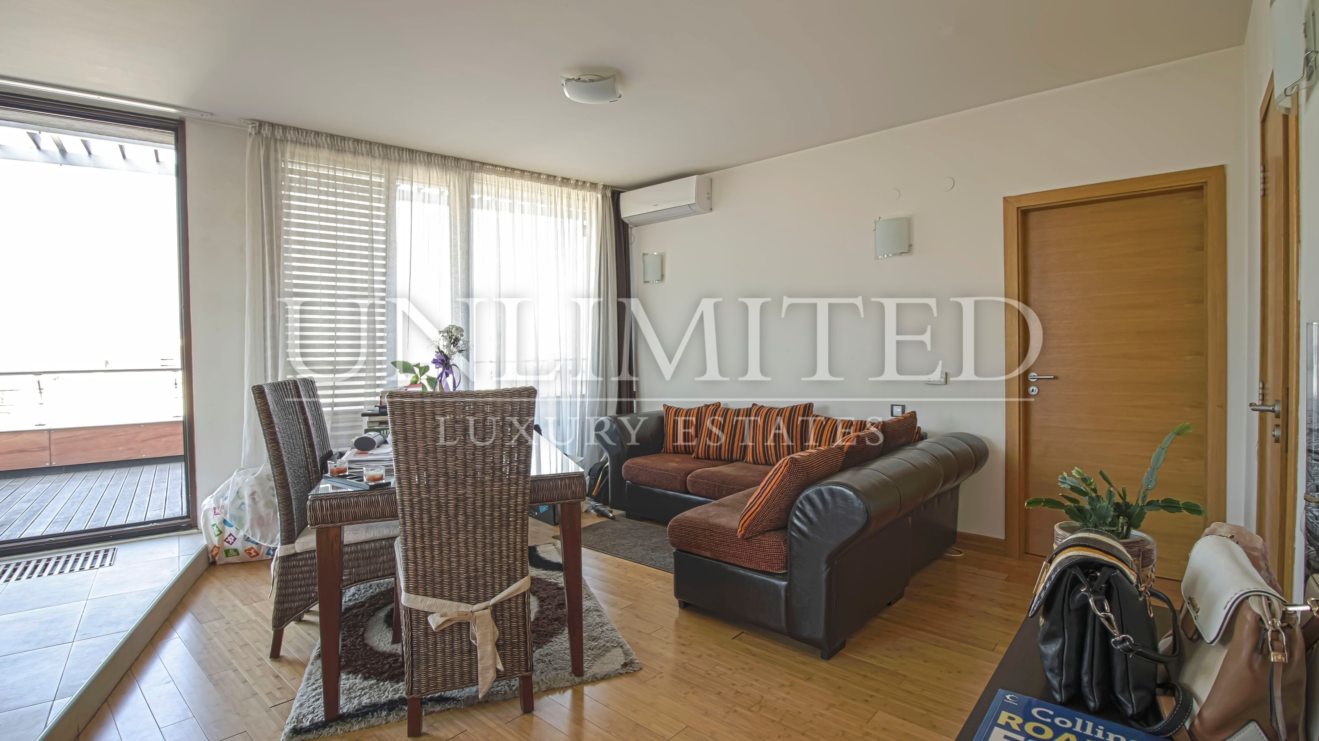 Beautifully furnished one-bedroom apartment with panoramic terrace and stunning vitosha mountain views next to paradise center